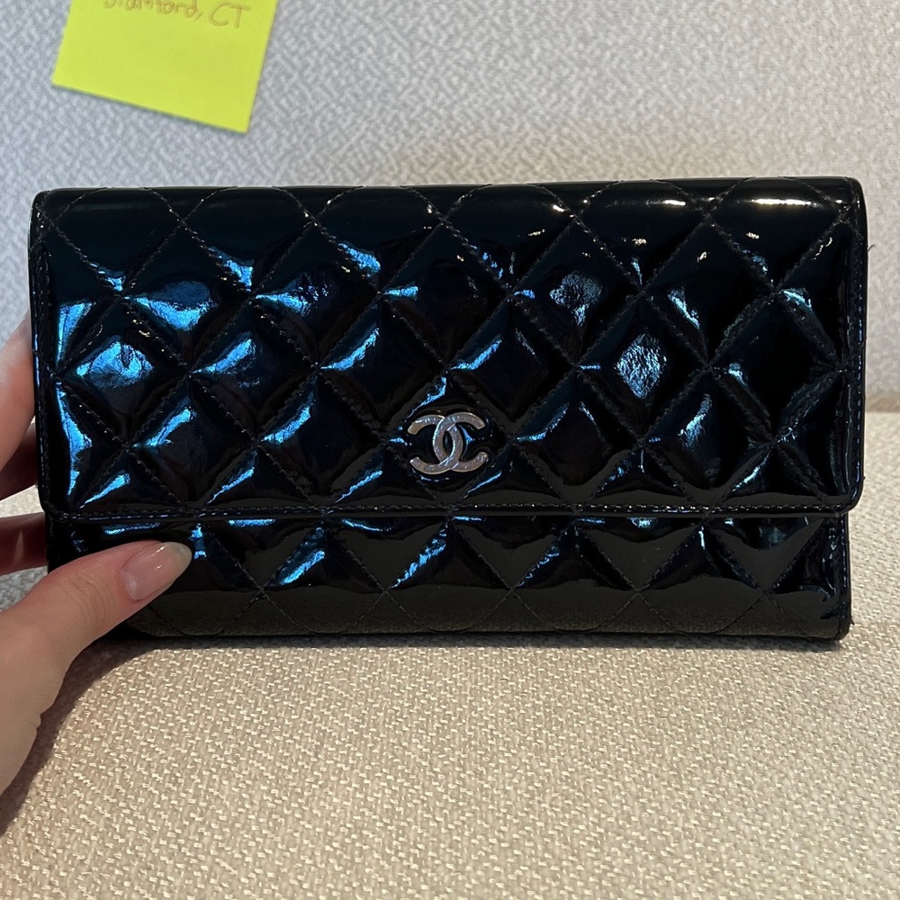 Chanel black patent leather large wallet/clutch